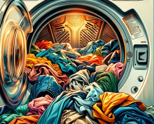 How gas dryers work illustration; clothes flowing out of a dryer