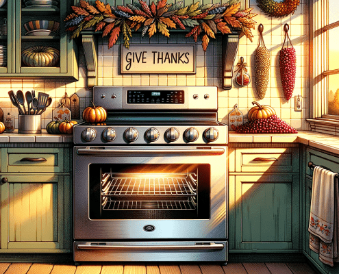 illustration of a kitchen decorated with Thanksgiving themes