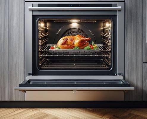 wall oven in a modern kitchen with a turkey on a rack inside