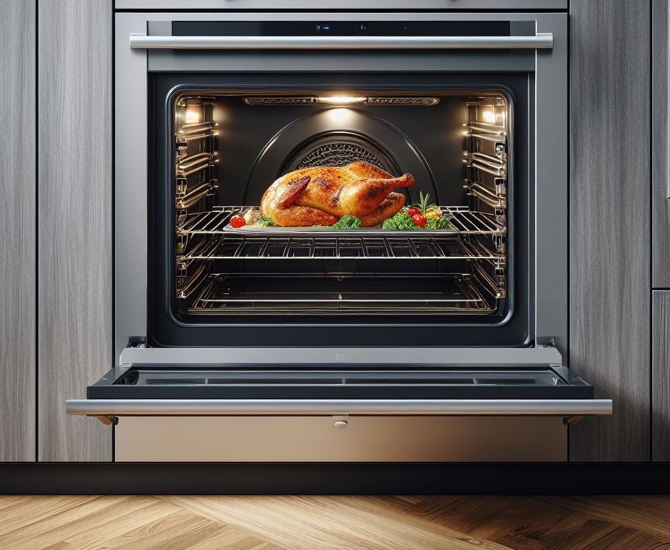 wall oven in a modern kitchen with a turkey on a rack inside