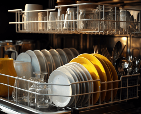 open dishwasher loaded with dirty dishes from holiday cooking