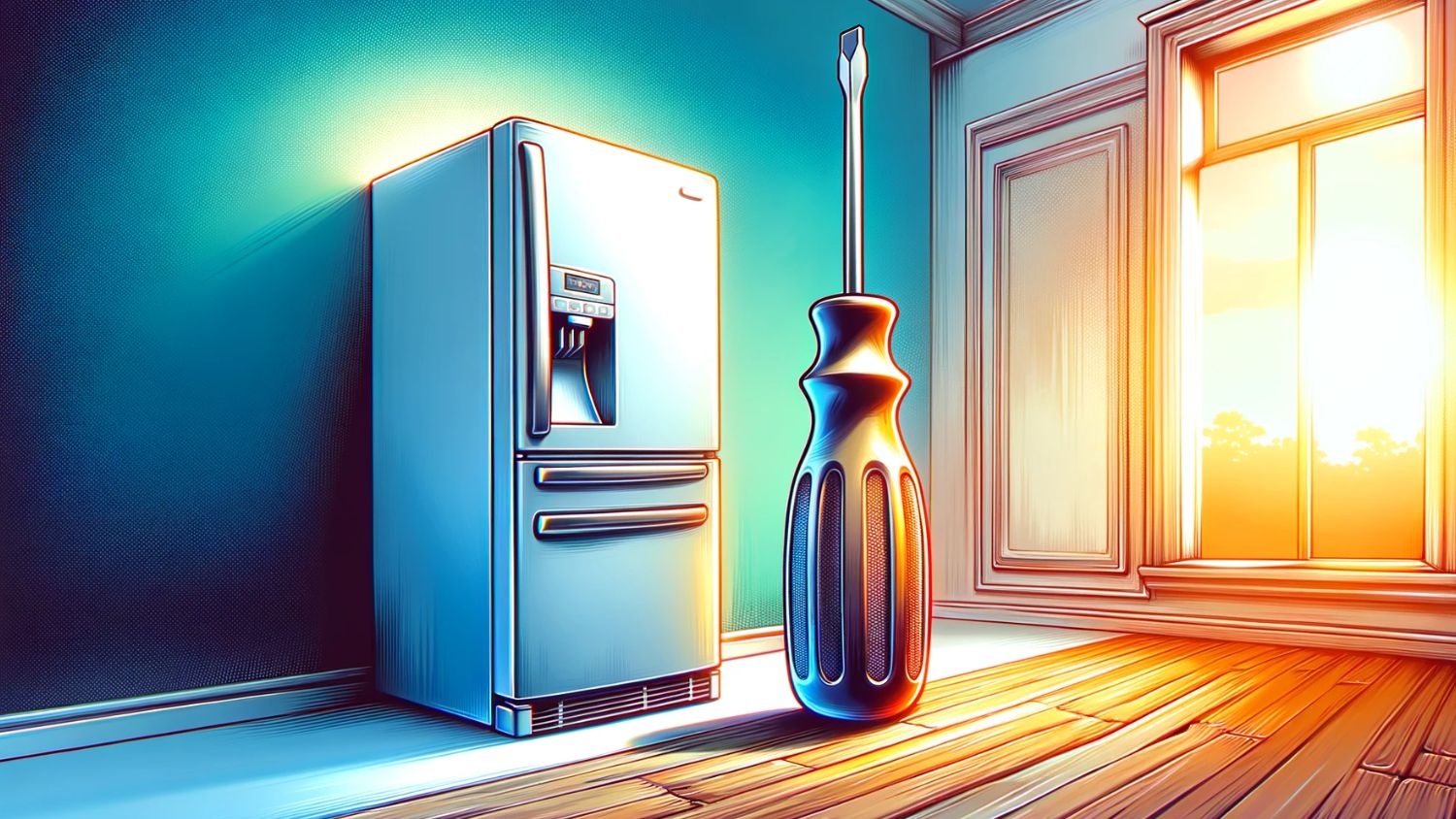 illustration of a refrigerator and a large screwdriver in an empty room