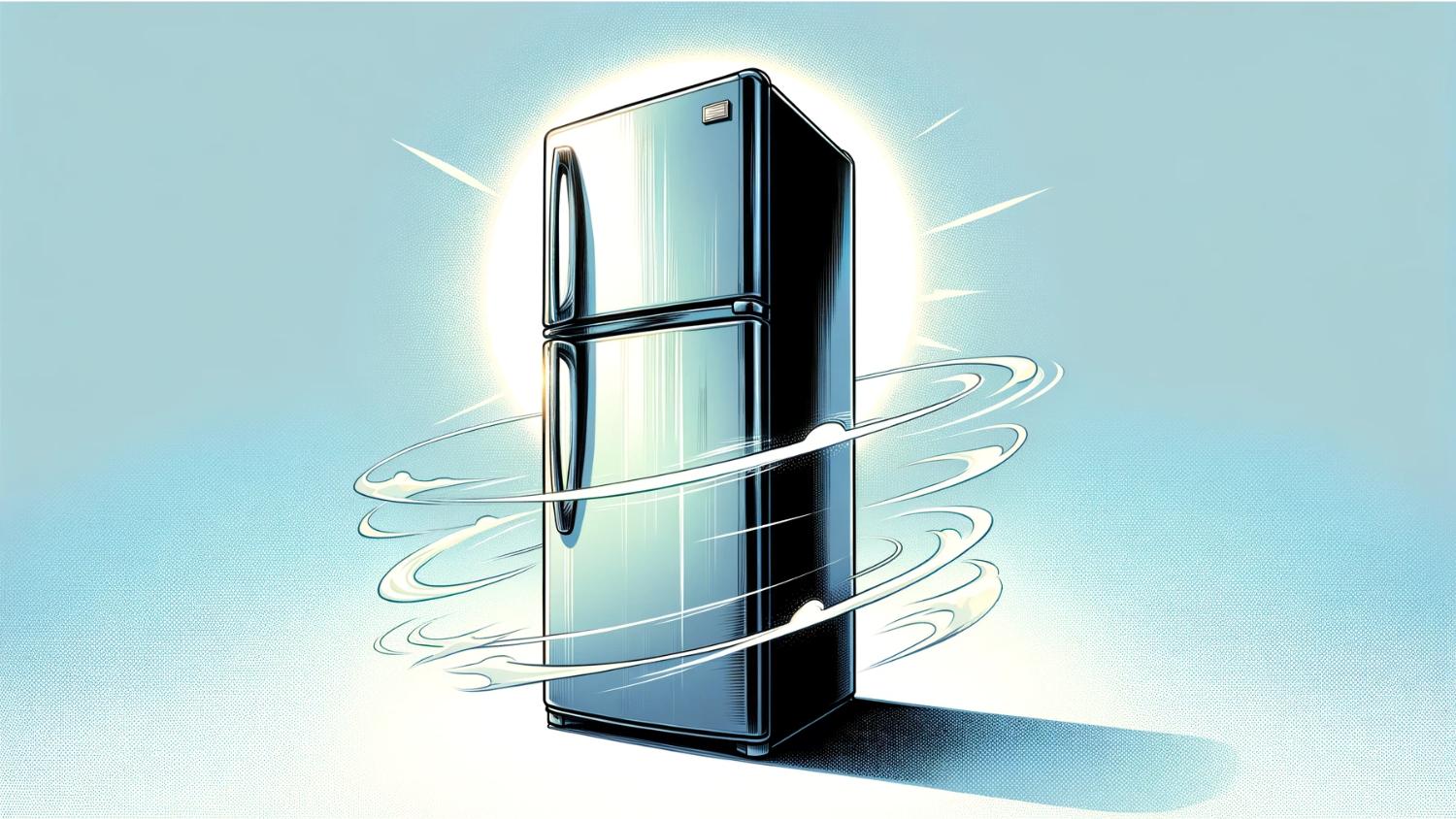 A digital illustration of a sleek, modern refrigerator. The refrigerator is tall and slim, with a smooth, matte finish.