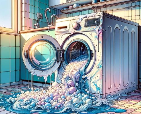 A digital illustration of an overflowing washing machine, with suds and water spilling out from its door, due to a bad pressure sensor