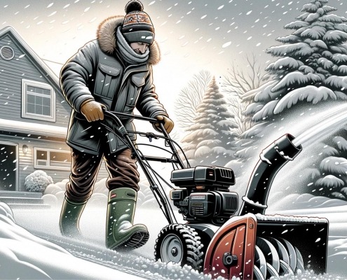 An illustration of a man bundled up in a heavy coat, hat, and gloves, actively pushing a snowblower to clear a driveway blanketed in fresh snow.