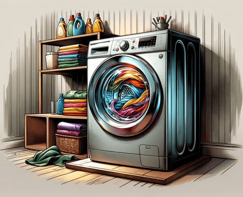 A digital illustration of a front-loaded washing machine, with vibrant clothes swirling inside, visible through the clear door.