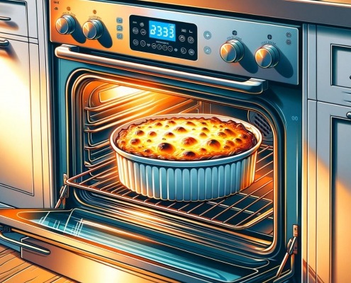 An illustration of a casserole baking inside a modern oven. The casserole is bubbly and golden brown, clearly visible through the oven's large glass